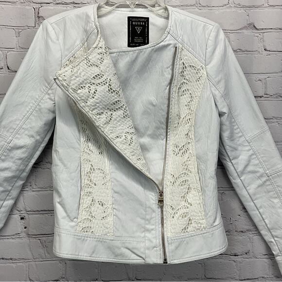 Guess Moto Jacket Women's Size M White Vegan Leather Lace Inserts Asymmetrical - Picture 3 of 10